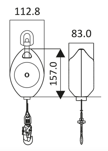 Dimensions of 3.5m Olympe-S Retractable Webbing Fall Arrest Block