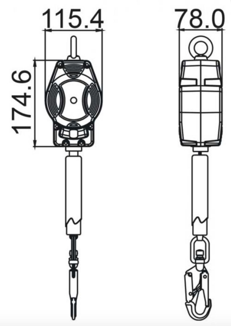 Dimensions of 3.5m Helixon-S Retractable Webbing Fall Arrest Block